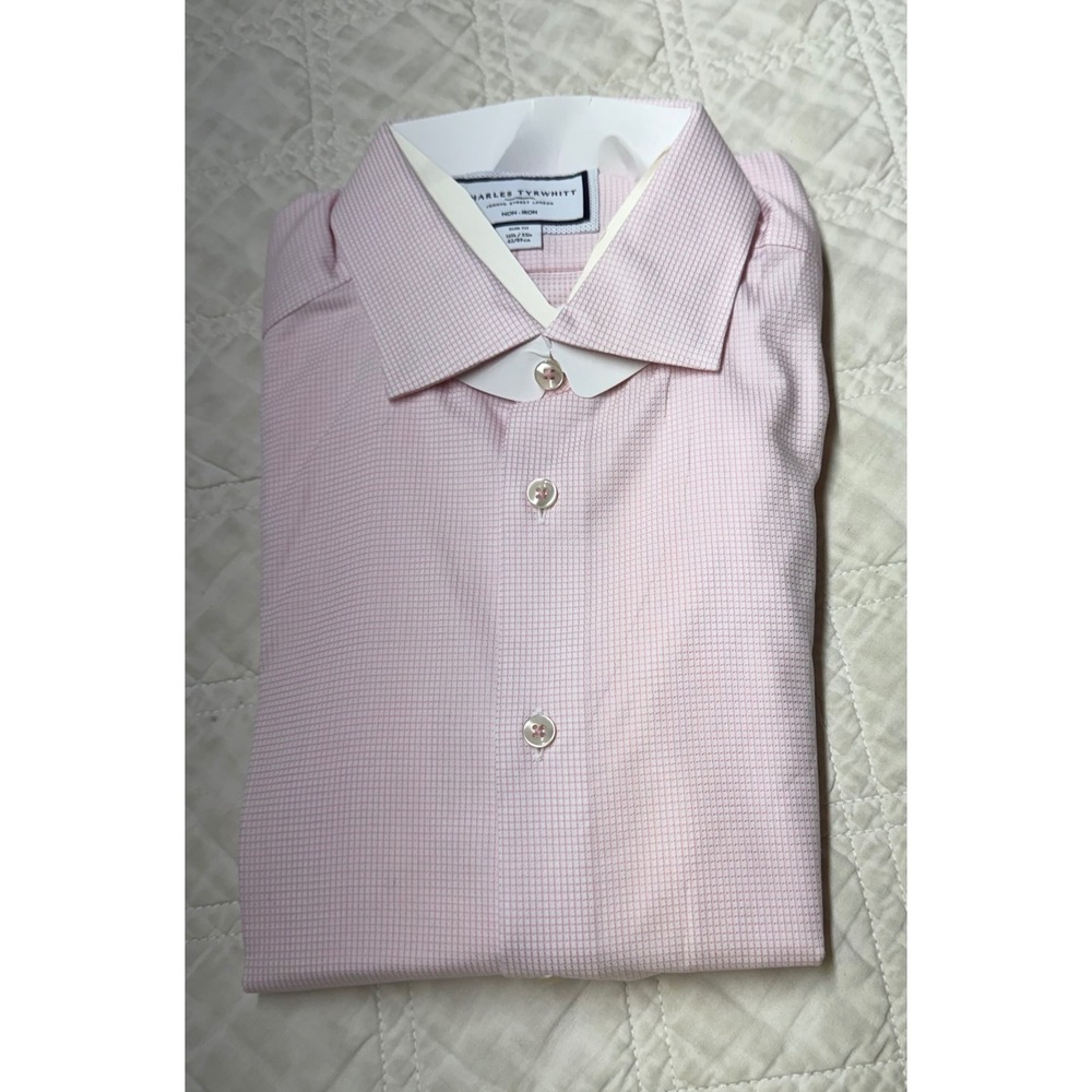 Charles Tyrwhitt Dress Shirt Mens 16.5/35 Pink Slim Fit Non-Iron Micro Grid